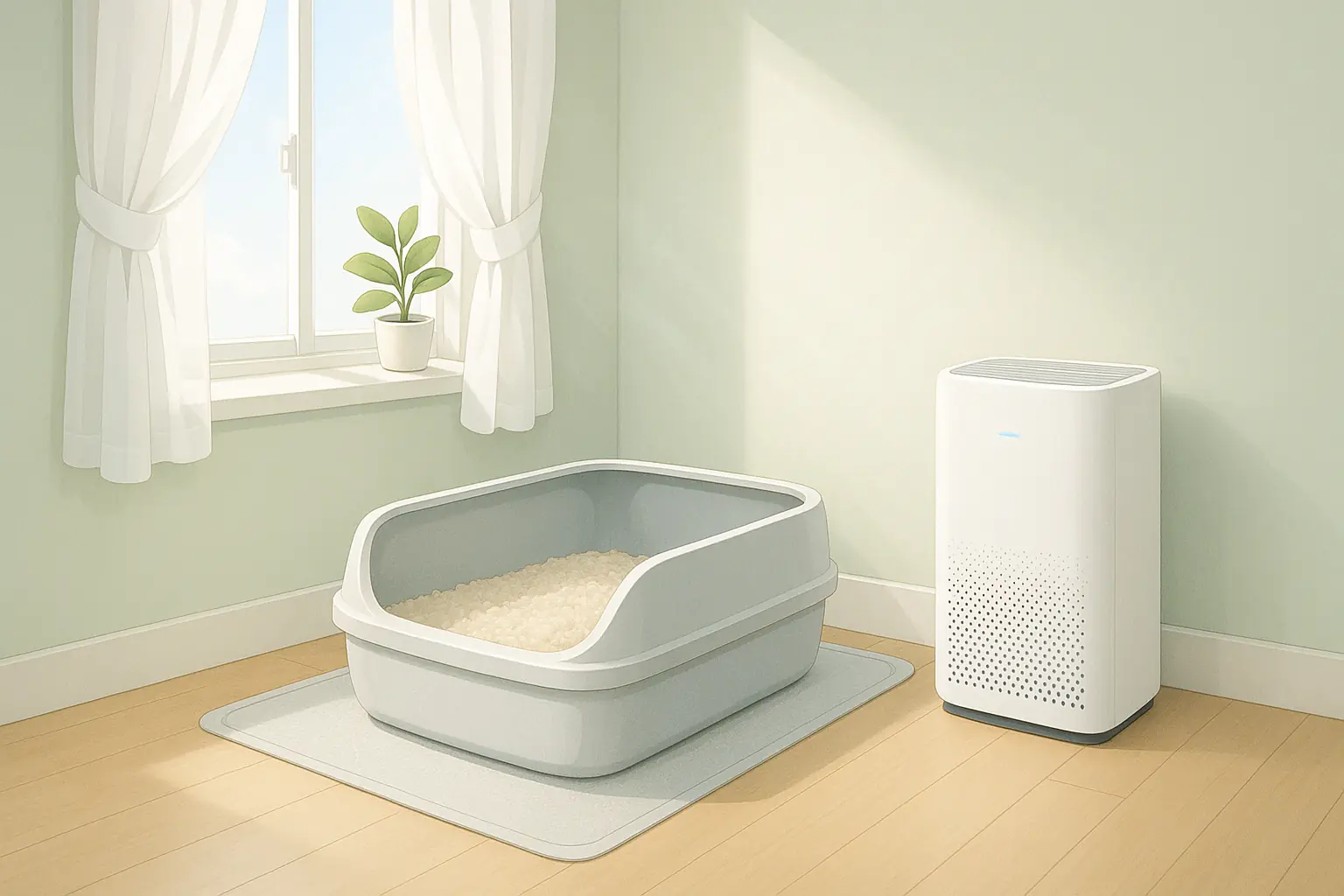 Well-ventilated room setup: litter box, open window with breeze, and nearby air purifier.