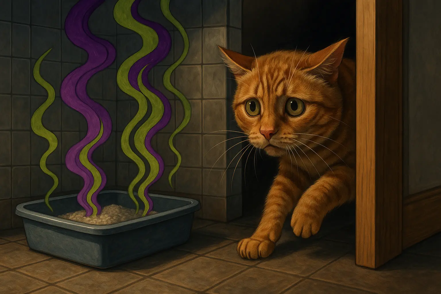 Stressed cat peeks hesitantly into a litter box emitting artificial perfume scent waves.