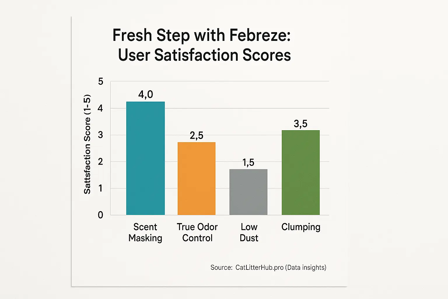 Bar chart comparing Fresh Step Febreze UGC satisfaction scores: scent masking, true odor control, low dust, clumping.