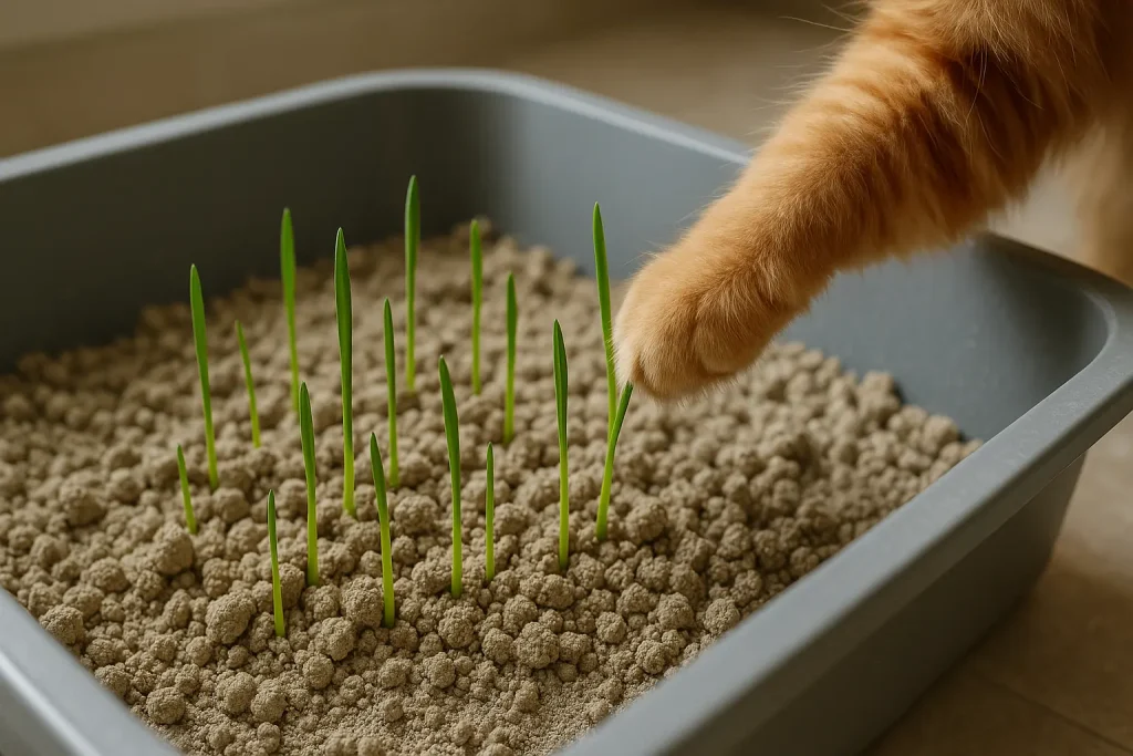 Cat litter box with surprising green sprouts growing like a Chia Pet; a cat's paw curiously touches one.