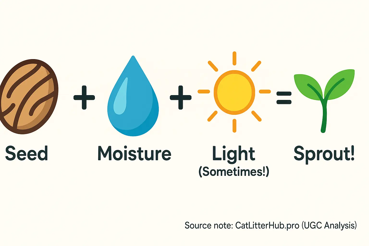 Infographic: Seed + moisture + light (sometimes!) = sprout, explaining grass litter growth.
