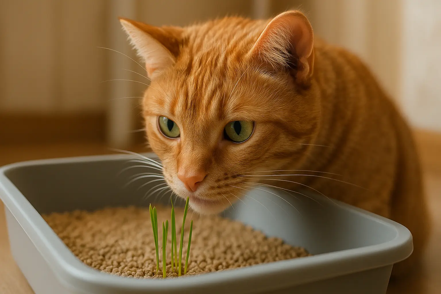 Curious cat sniffs green sprouts in litter box, exploring if it's a cute quirk or a tasty snack.