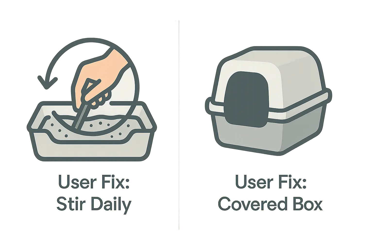 Icons: Hand stirring litter with circular arrow ('User Fix: Stir Daily'); covered litter box ('User Fix: Covered Box').