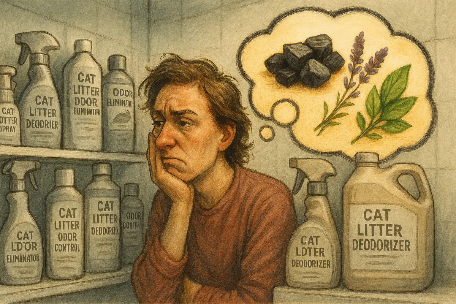 Frustrated cat owner eyes shelf of failing commercial deodorizers, considers natural DIY alternatives.
