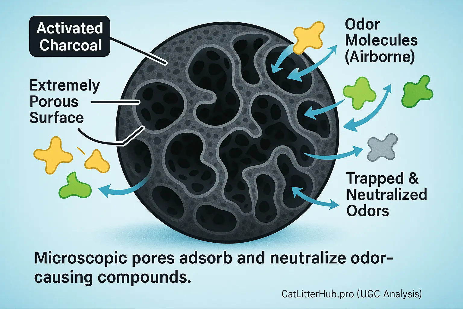 Porous activated charcoal particles trap and neutralize odor molecules from a litter box.