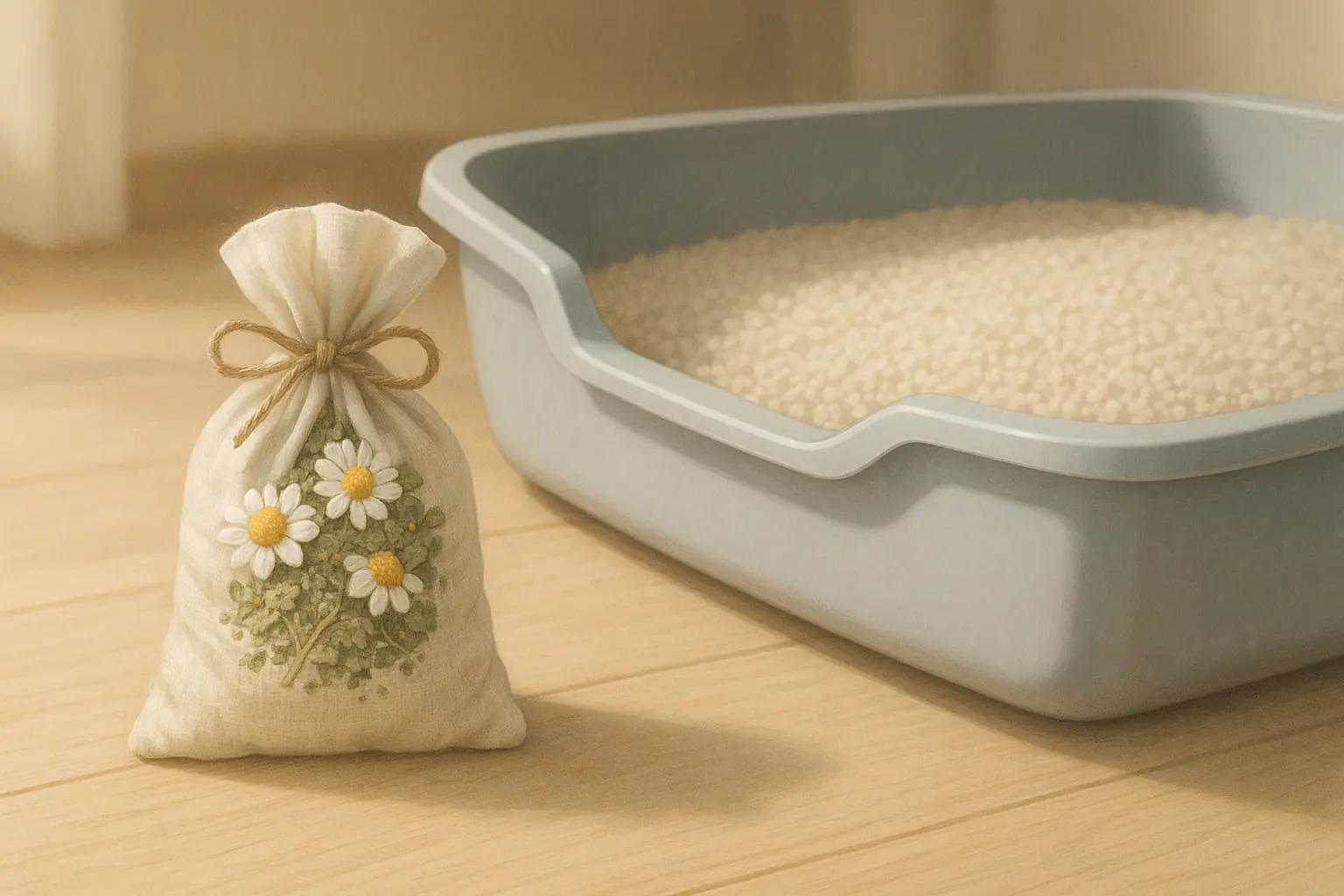 Cat-safe herbal sachet with chamomile & catnip by a litter box, promoting natural freshness & herbal harmony.