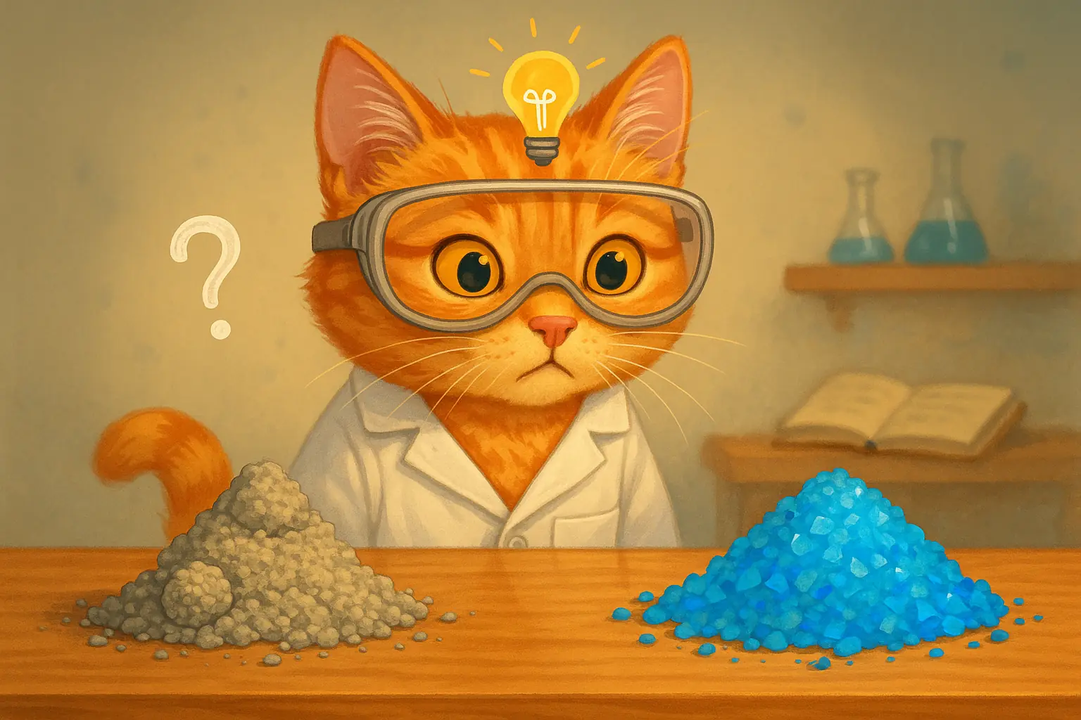 Cat in lab coat and goggles thoughtfully inspects two different piles of cat litter, lightbulb and question mark overhead.