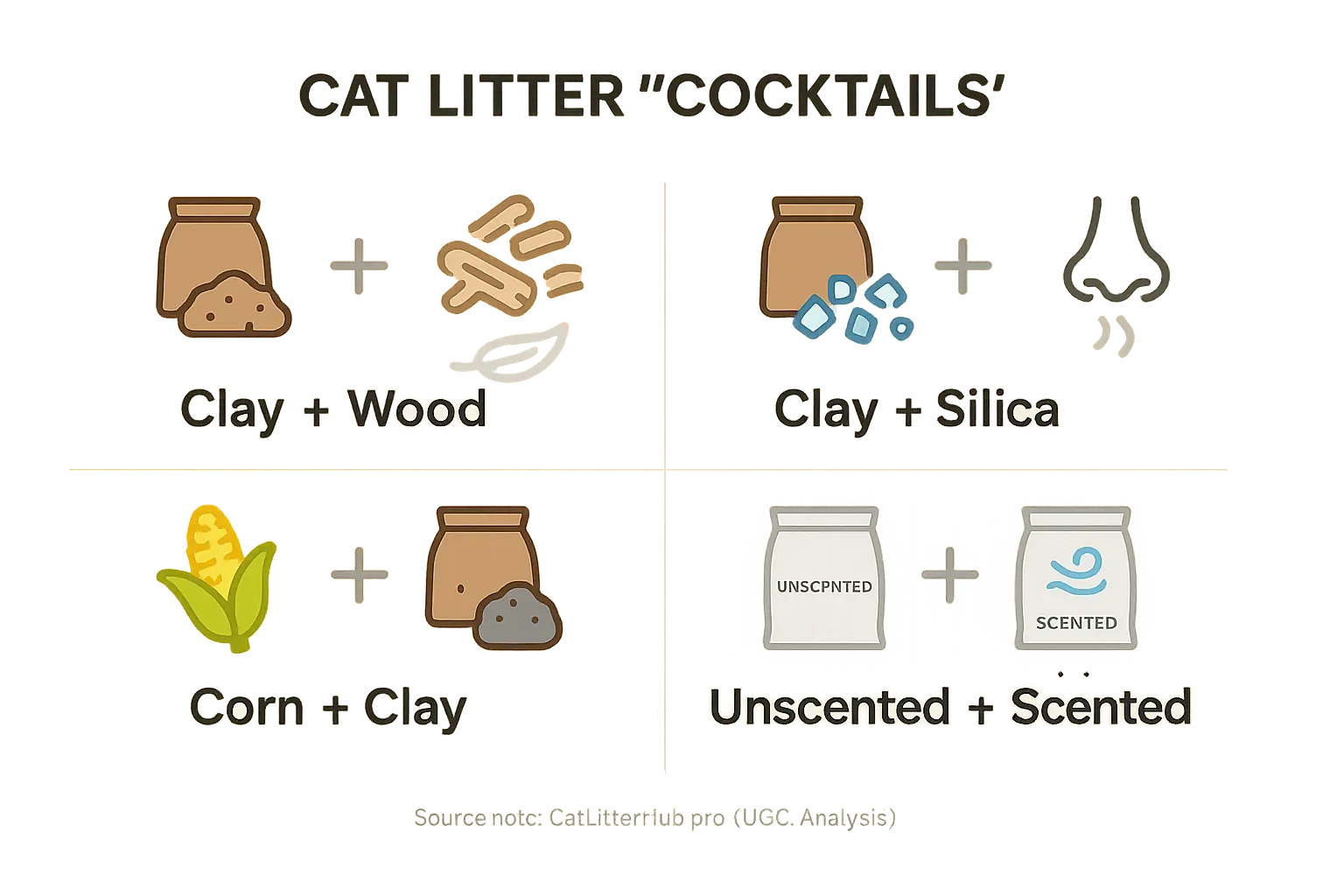 Four visual cat litter mix recipes, each with icons for ingredients (clay, wood) & benefits (odor, clumping, lightweight).