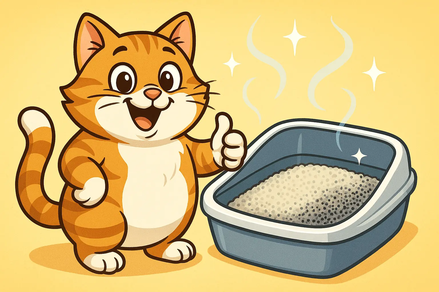 Happy cartoon cat's thumbs-up for a perfectly clean box with mixed litter granules, showing cocktail perks.