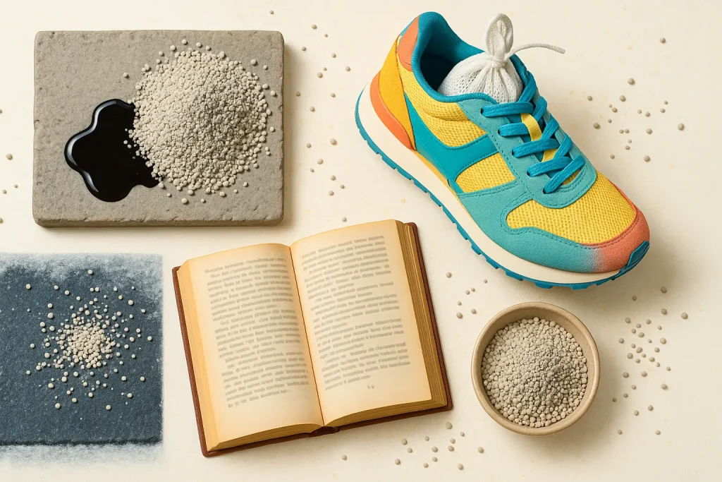 Quirky flat lay of clean cat litter tackling oil spills, shoe odor, icy steps, and book mustiness—versatile household helper.