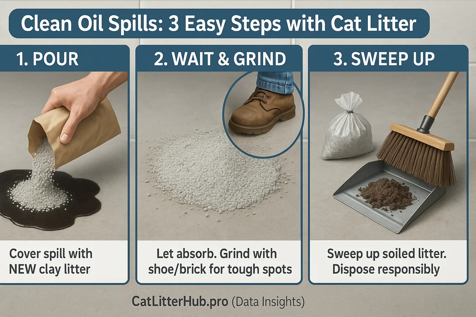 Clear, simple 3-step visual guide: Clean oil spills with cat litter. 1. Pour. 2. Wait/Grind. 3. Sweep. Garage/driveway.