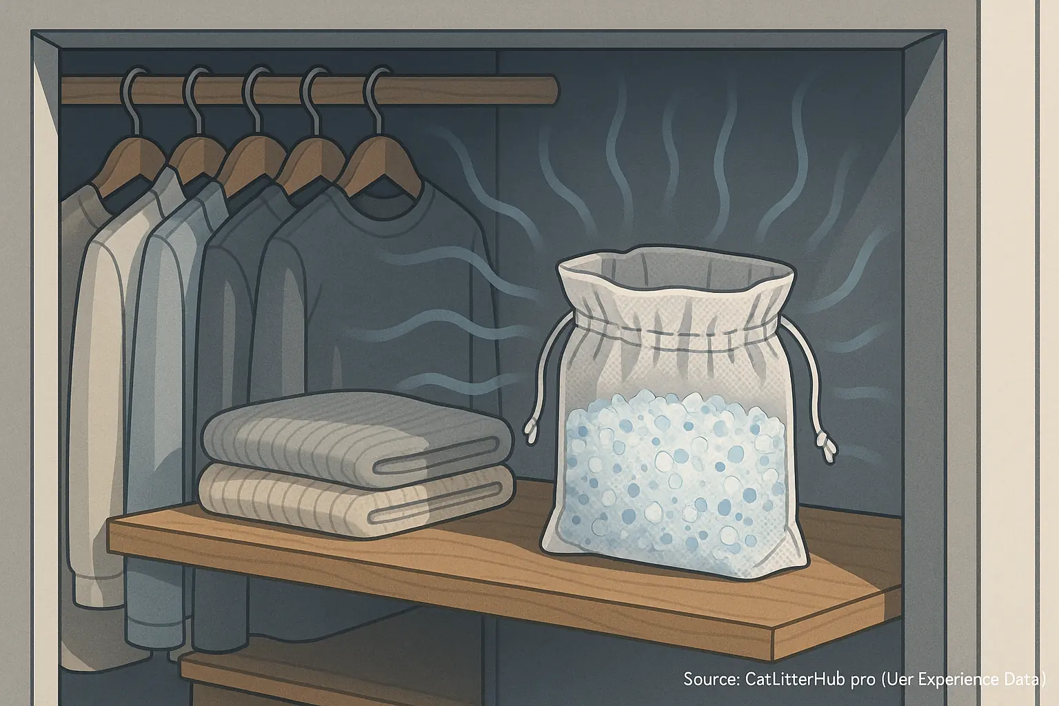 New cat litter in a closet cutaway absorbs moisture from the air, acting as a freshness booster.