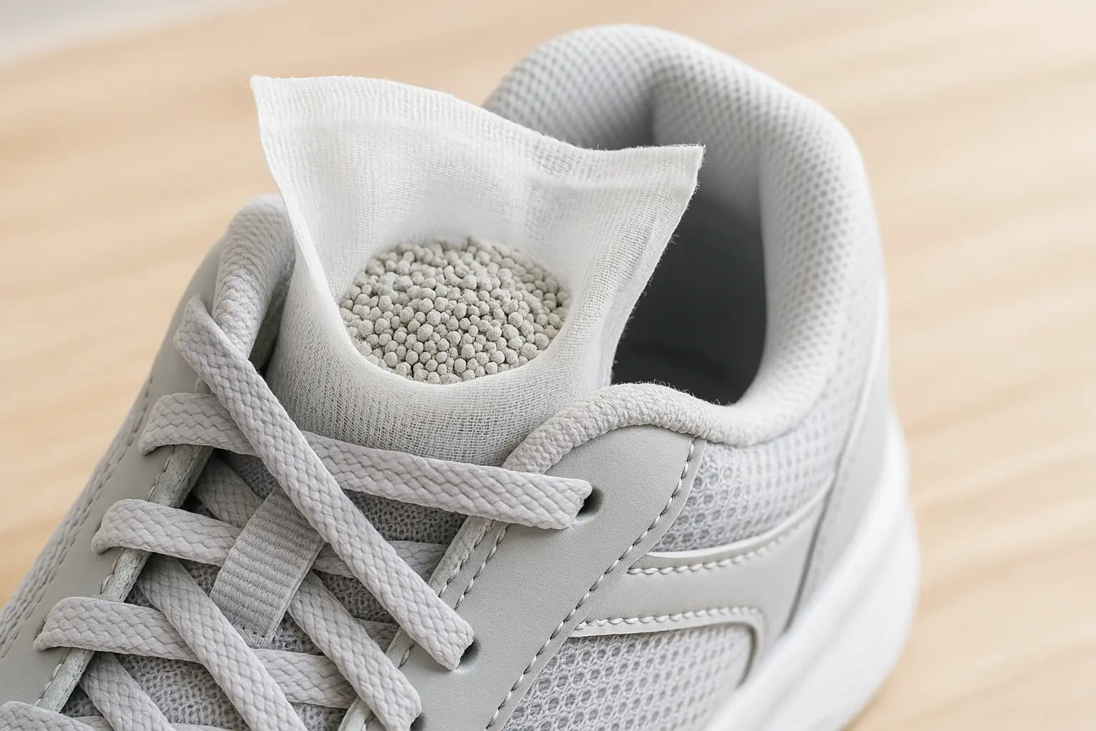 Sneaker with a discreet sachet of new, unscented cat litter inside for odor and moisture control.