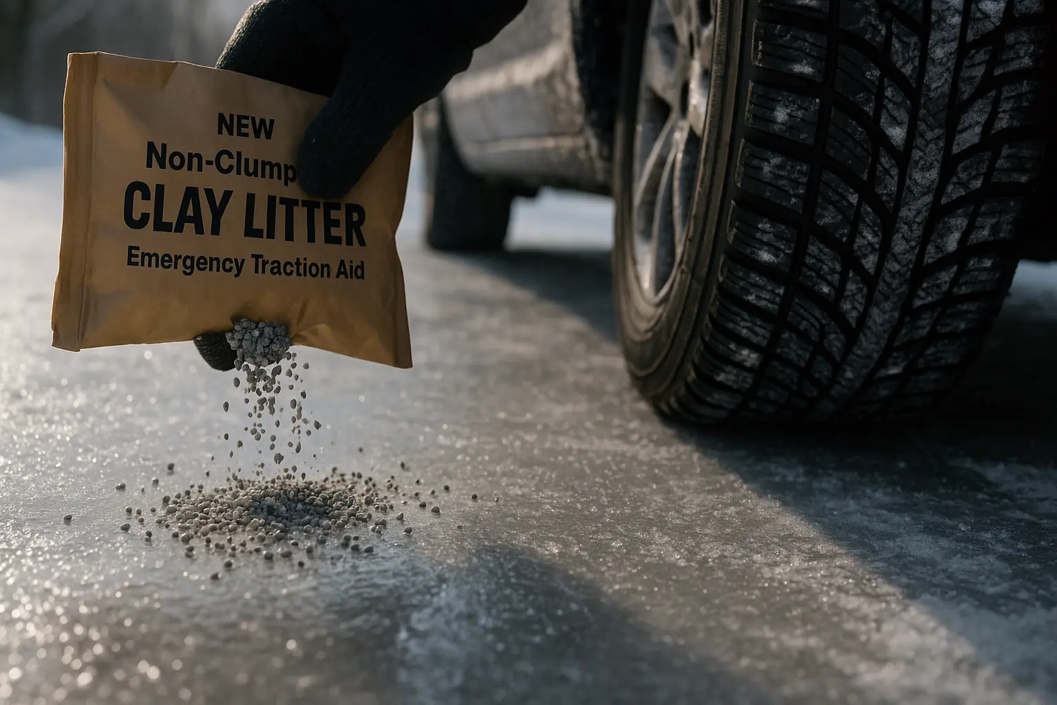 Person sprinkles gritty, non-clumping clay cat litter from a bag onto an icy sidewalk for winter traction.