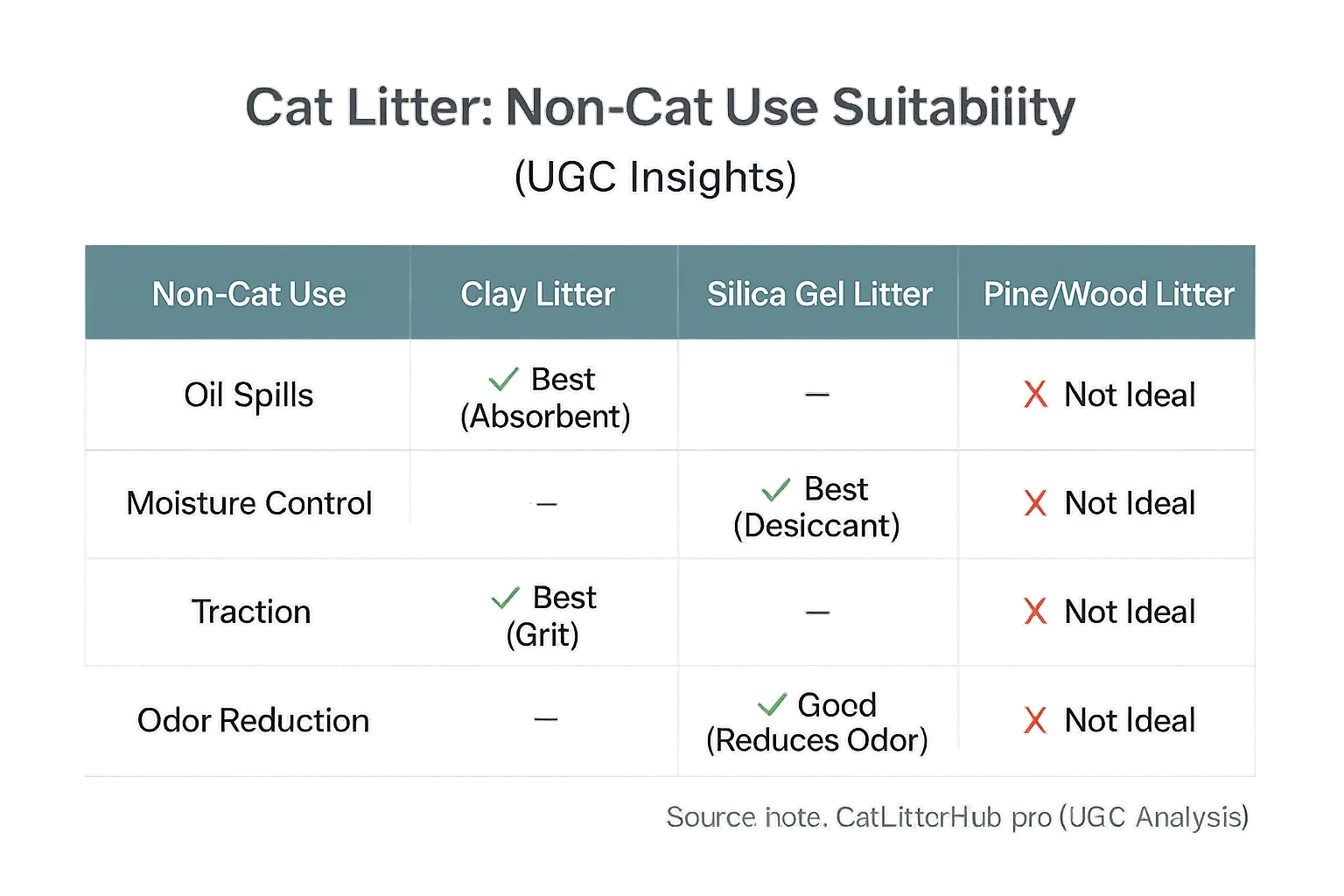 Table: Suitability of clay, silica, pine/wood litters for non-cat uses (oil spills, moisture, traction, odor control).