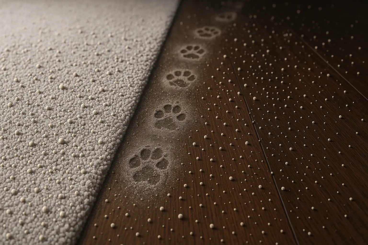 Cat paws leaving a trail of litter granules on a split carpet and hardwood floor, illustrating the tracking problem.