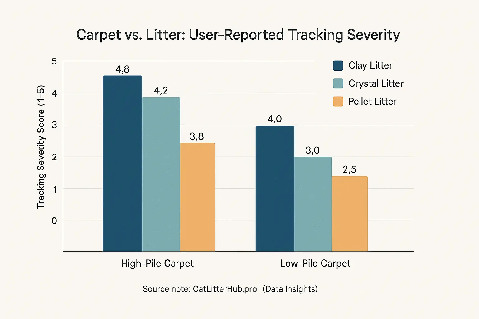 Bar chart: High-pile carpets show higher litter tracking scores (1-5) than low-pile, especially with clay litter.
