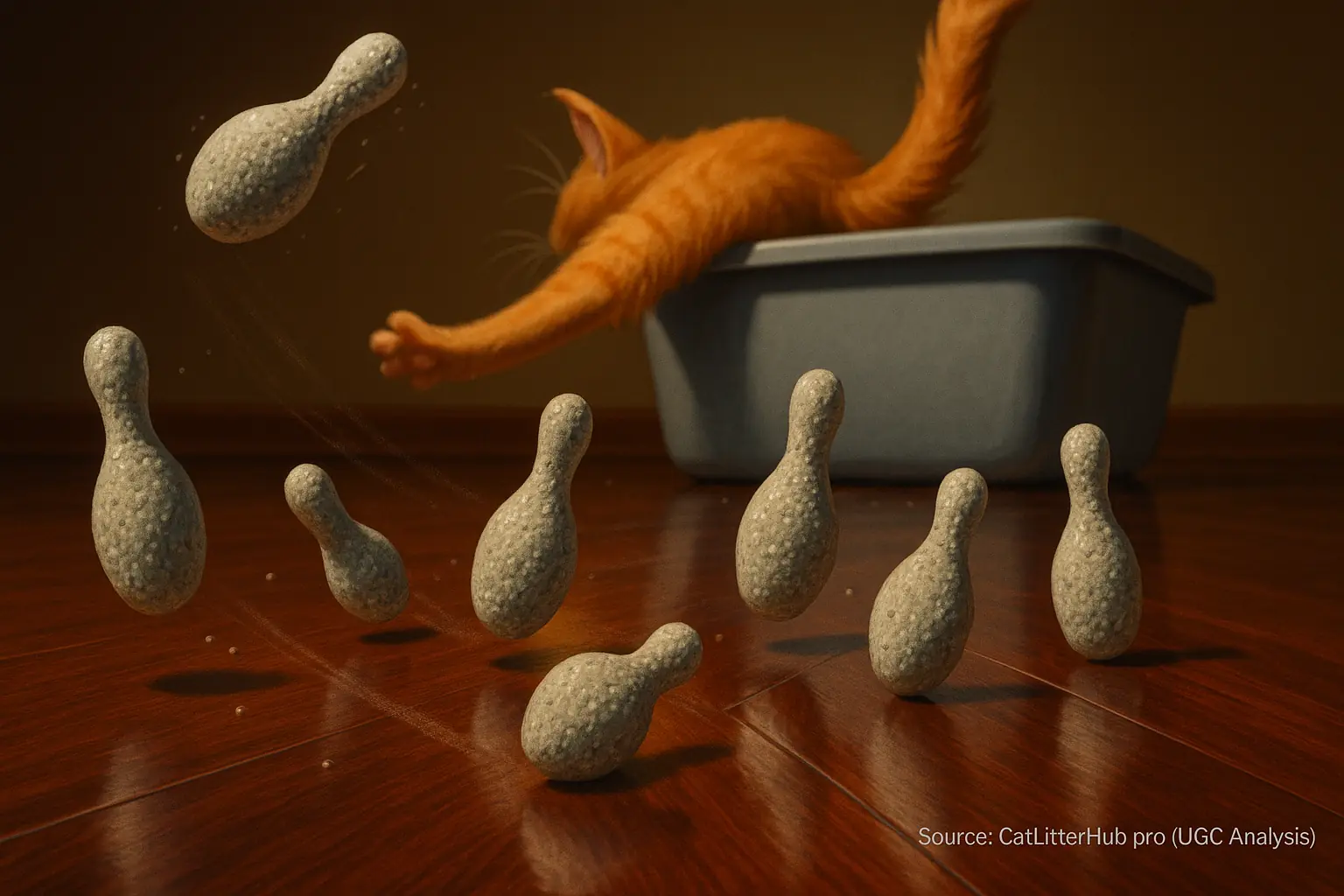 Litter granules comically scatter like bowling pins from a litter box onto a slick hardwood floor.
