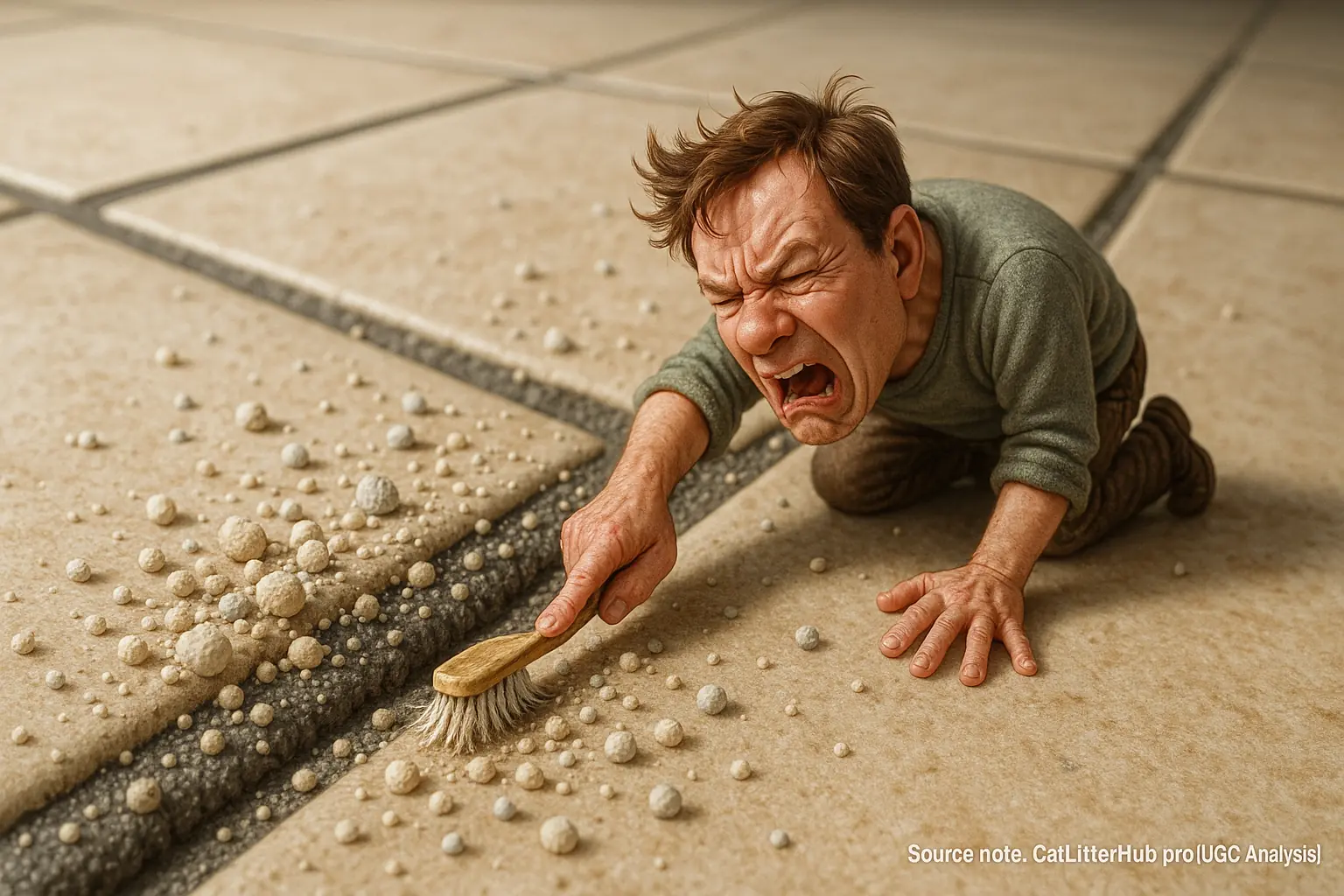 Tiny frustrated person with toothbrush battles litter stubbornly lodged in tile grout.