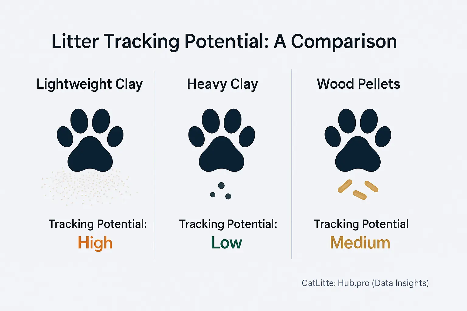 Infographic: Icons show 3 cat litters' tracking—Lightweight Clay high, Heavy Clay medium, Wood Pellets low—from UGC.
