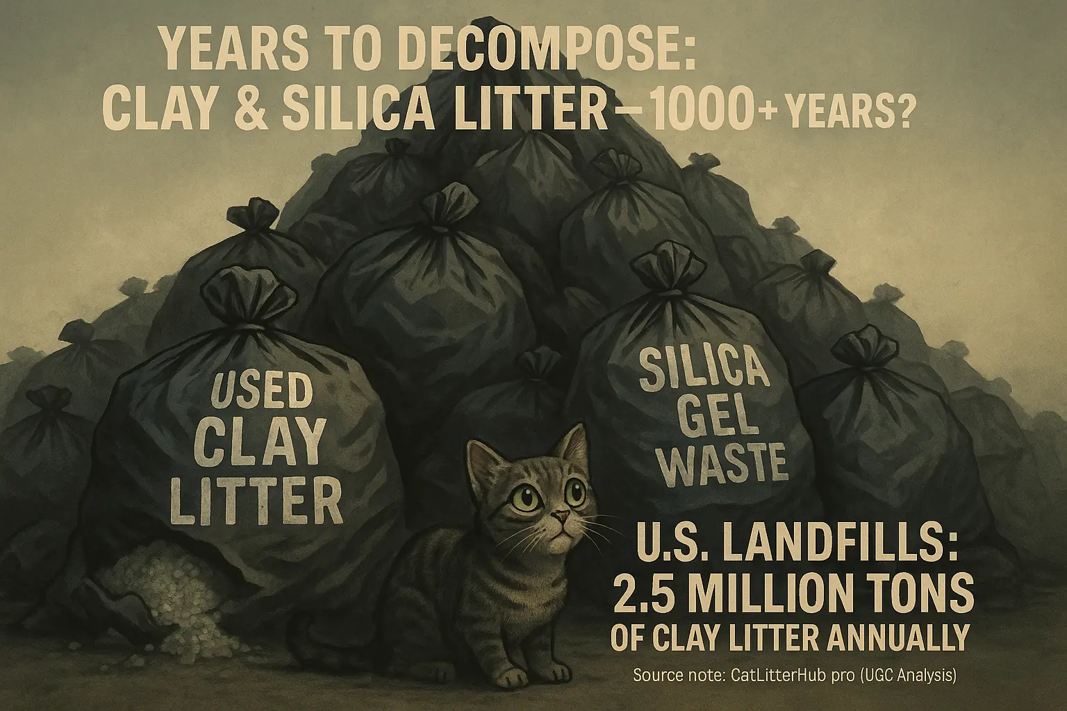 Mountain of overflowing 'Used Clay Litter' & 'Silica Gel Waste' bags (1000+ years? to decompose) dwarfs tiny, concerned cat.