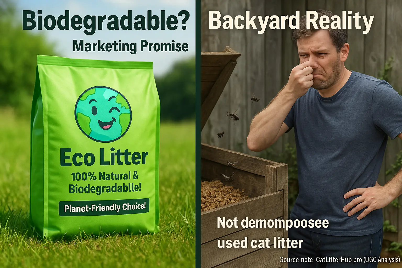 Infographic: 'Eco Litter' marketing (green pack, happy earth) vs. non-decomposing litter, flies, upset owner in composter.