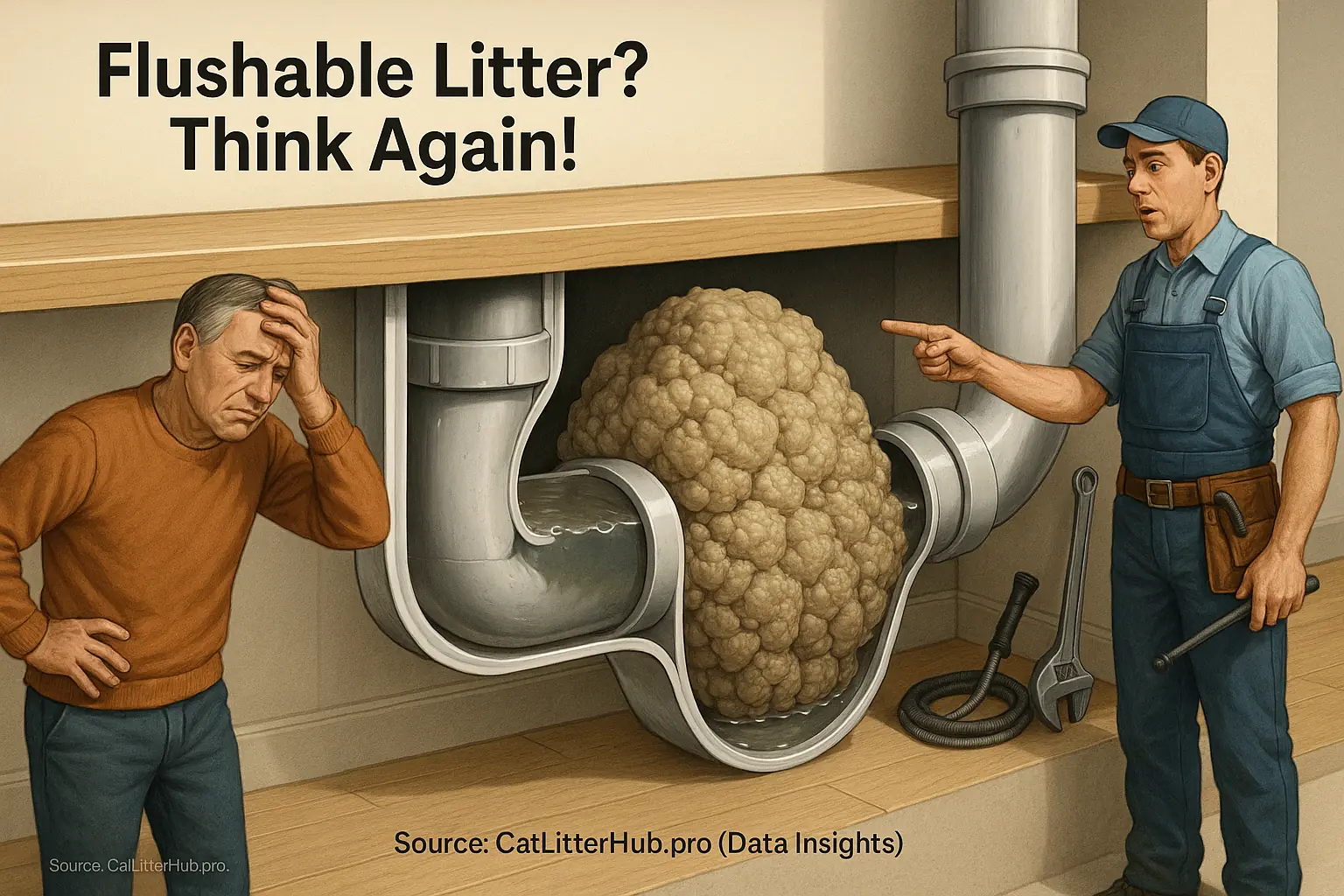 Cutaway: Massive cat litter clog in pipe; owner & plumber frustrated. Text 'Flushable Litter? Think Again!' warns of septic