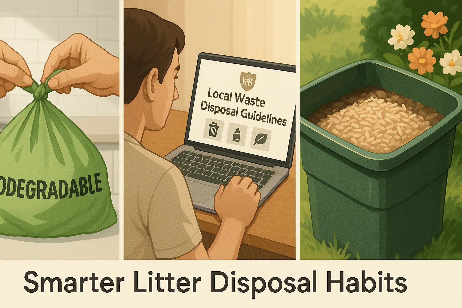 Smarter litter disposal: hands tying biodegradable bag, person checking waste guide, compost bin with plant-based litter.