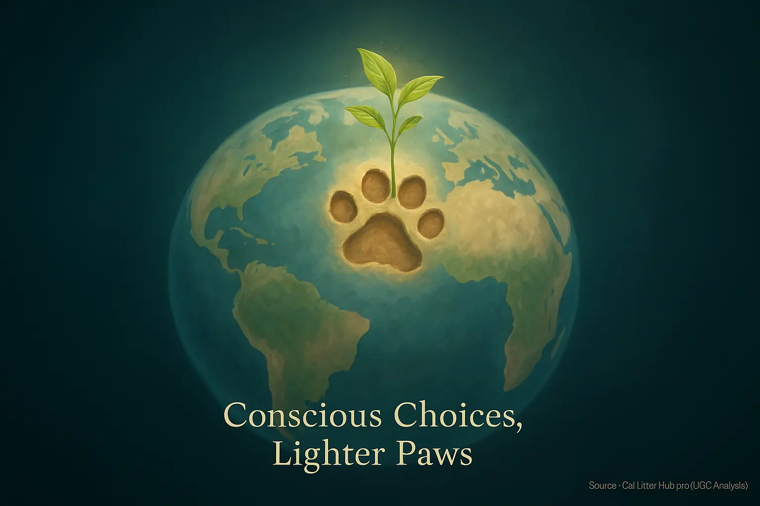 Stylized Earth with a cat's paw print and green sprout. Text: 'Conscious Choices, Lighter Paws,' offering hope for a lighter