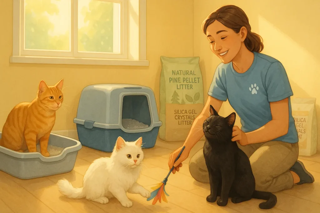 Happy cats comfortably using litter boxes in a clean shelter; a volunteer pets one, showing donation impact.