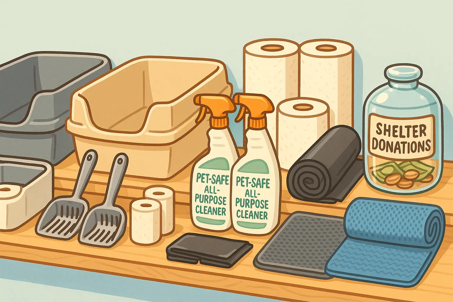 Neatly organized essential shelter supplies: litter boxes, scoops, cleaner, paper towels, trash bags, mats, donation jar.