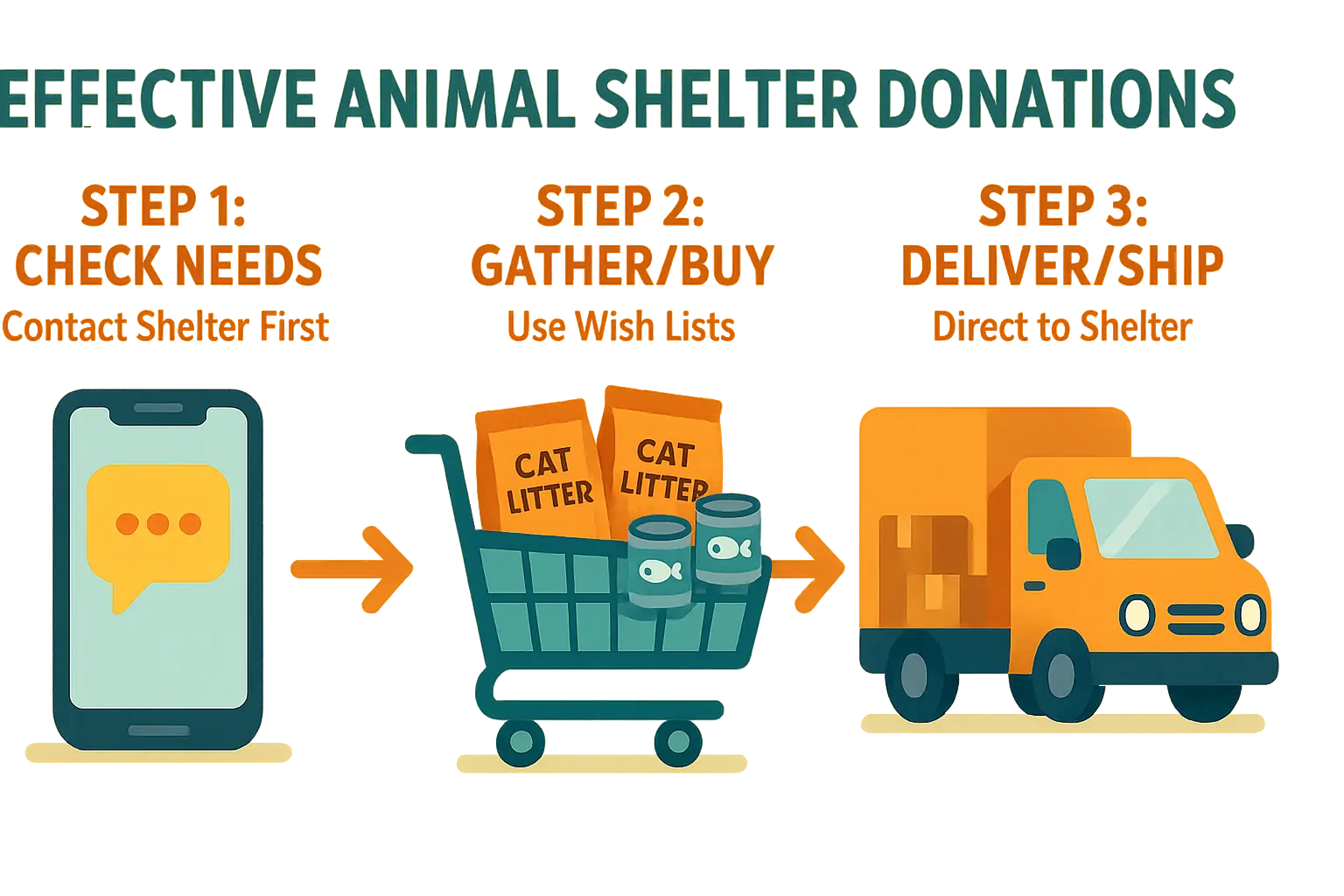 3-step infographic for impactful donations: 1. Check needs (phone/PC), 2. Gather/buy (cart/box), 3. Deliver/ship (car/truck).