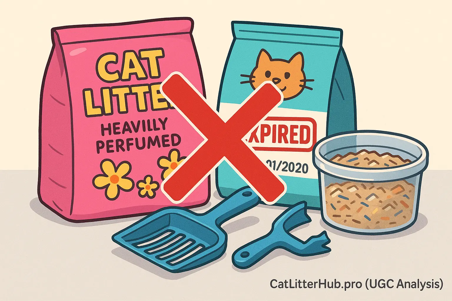Donation Don'ts illustrated: Red 'X' or 'No' symbol over perfumed litter, expired food, broken scoop, and homemade litter.