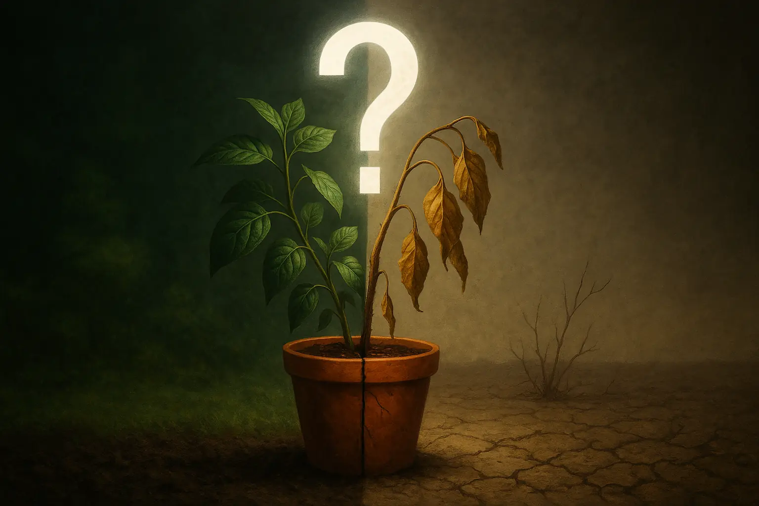 Potted plant with glowing question mark symbolizes cat litter use debate, contrasting lush and wilted plant outcomes.