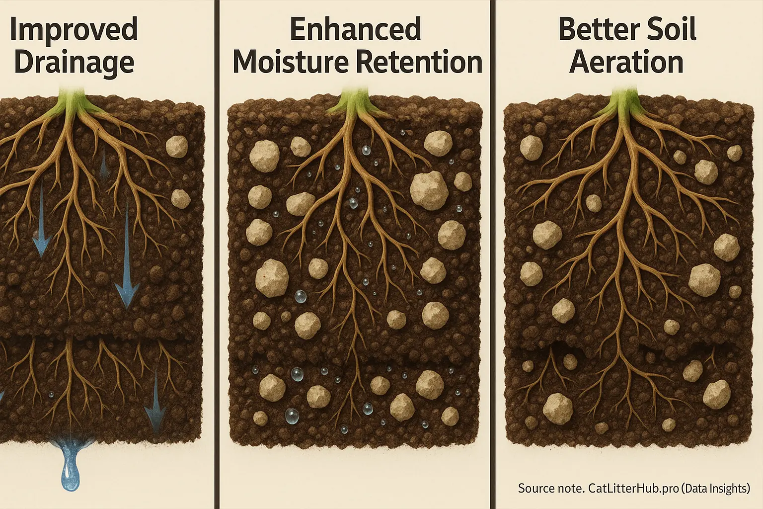 Split visual: litter improving soil drainage, moisture retention, and airy structure.
