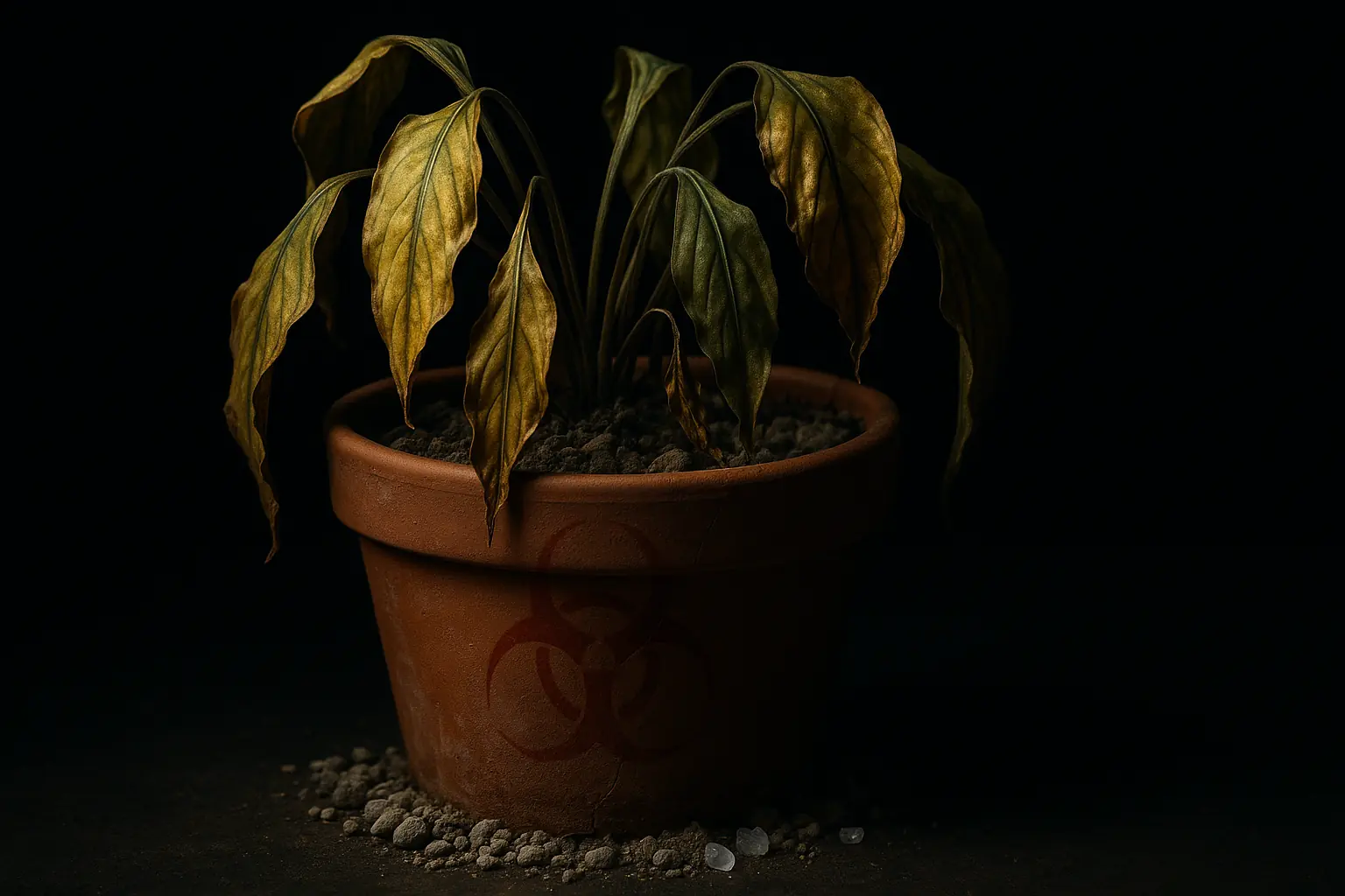 Sickly potted plant, biohazard symbol, toxic soil, representing user-reported toxic mistakes & risks.