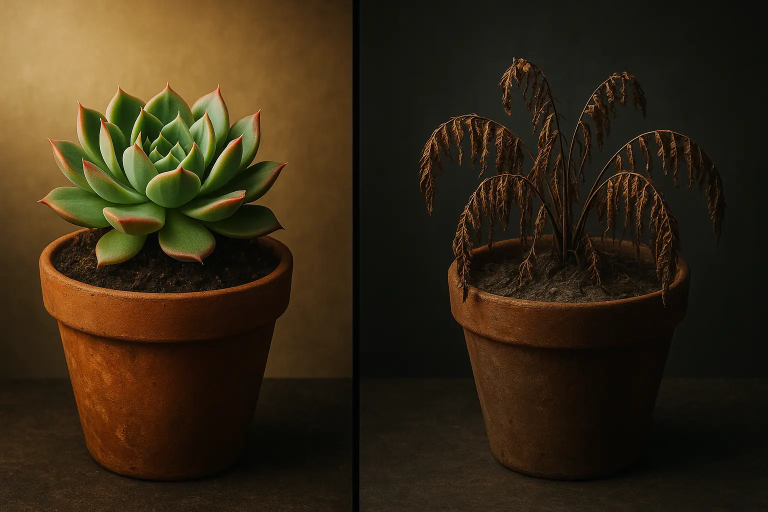 Split-screen: thriving succulent contrasts with a wilted fern, showing plant survival versus casualty.