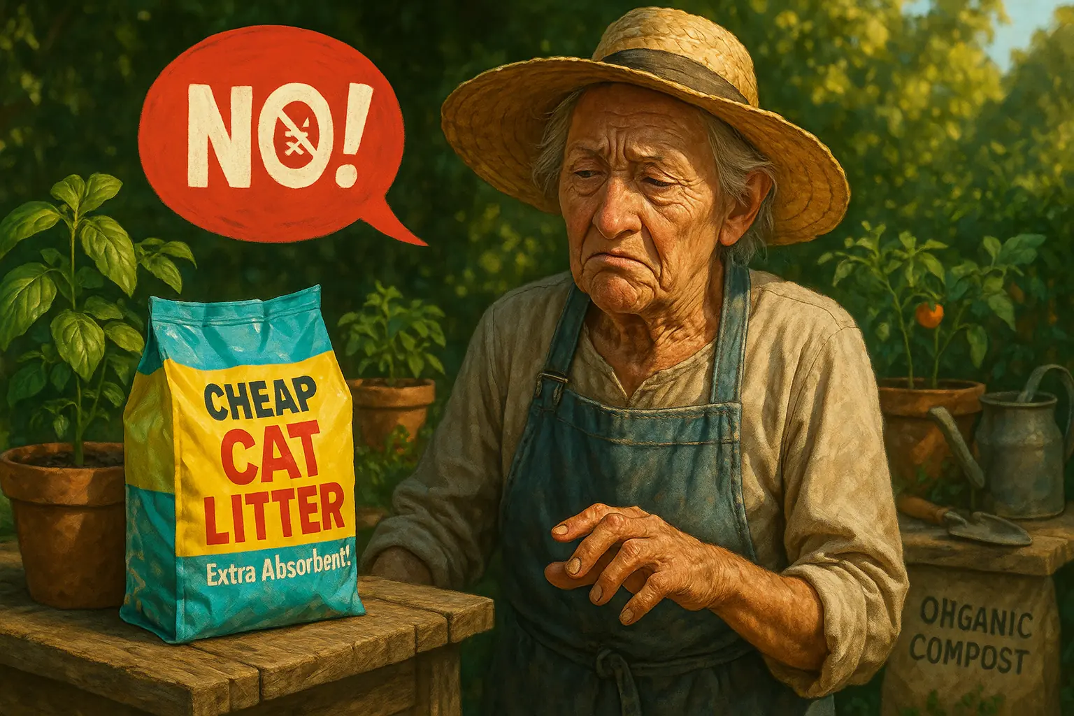 Seasoned gardener shakes head with a 'NO!' symbol at cat litter near plants, expert advice.