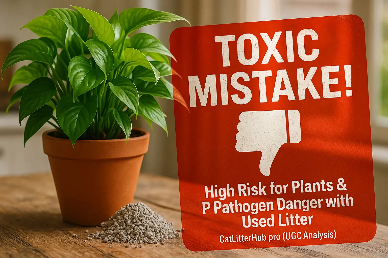 A 'Risky!' verdict stamp with thumbs-down symbol over cat litter next to plants.