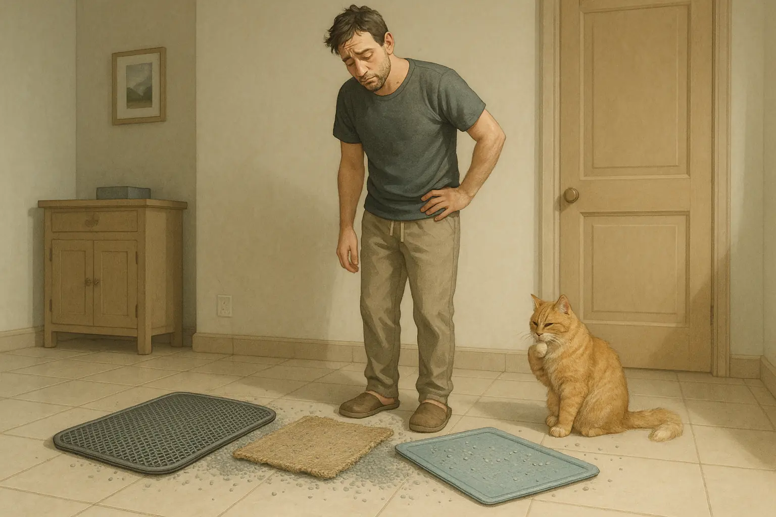 Exasperated owner eyes a pile of various dirty, ineffective litter mats and tracked litter, while an indifferent cat looks