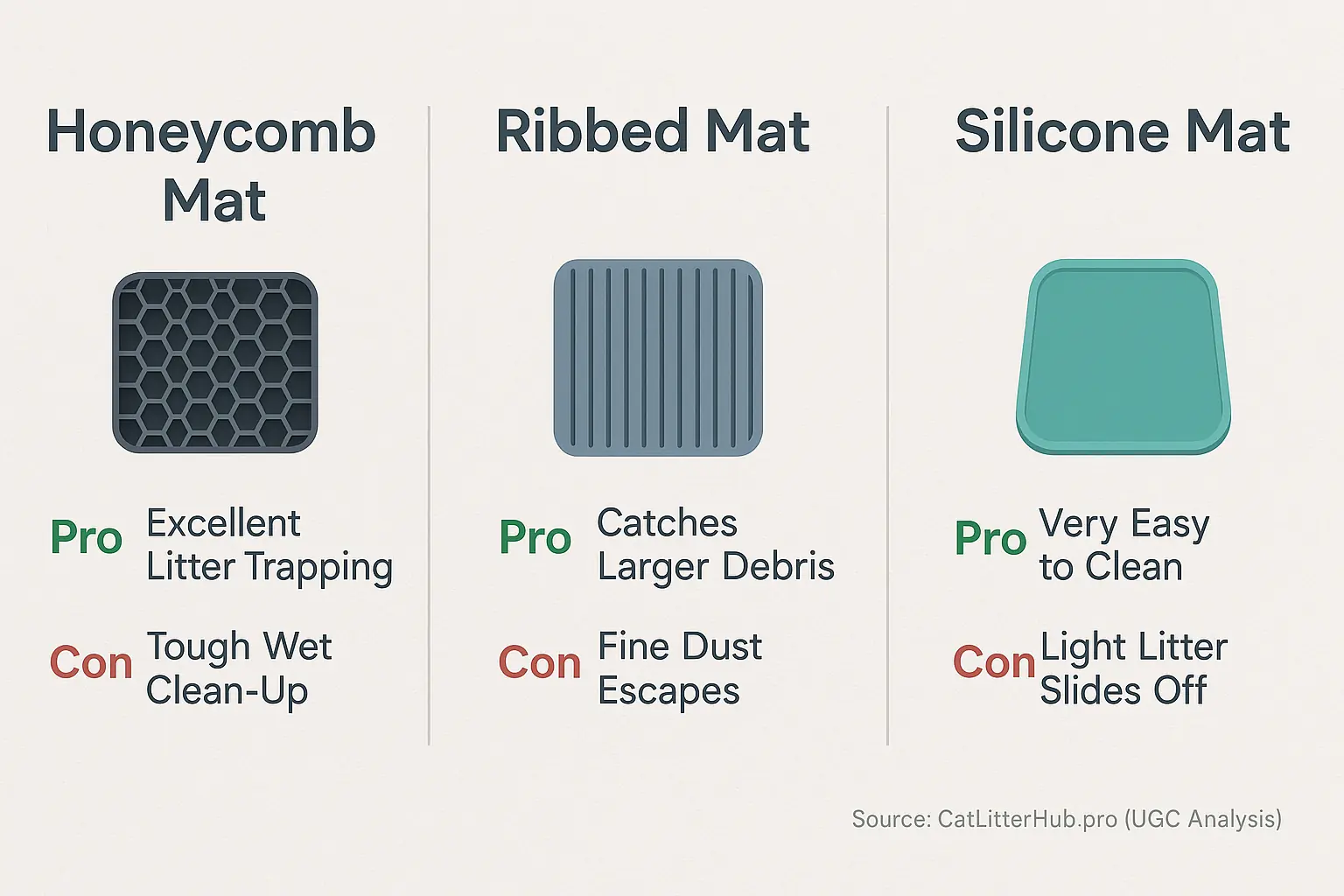 Chart comparing Honeycomb, Ribbed, Silicone litter mats, showing icons and user-reported pros & cons.