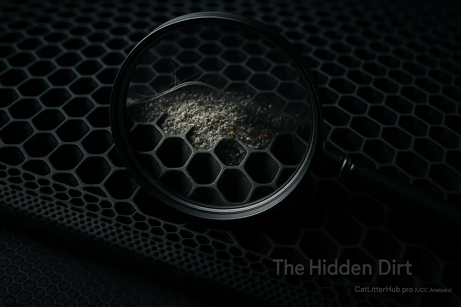 Seemingly clean honeycomb litter mat; magnified view reveals surprising amount of fine dust & debris trapped deep inside.