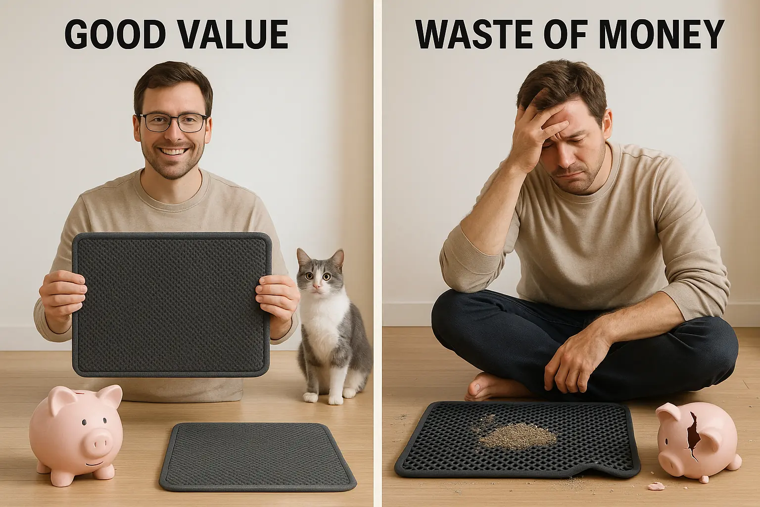 Split image contrasts a good-value mat (happy owner, piggy bank) with a wasteful one (frustrated owner, broken piggy bank).