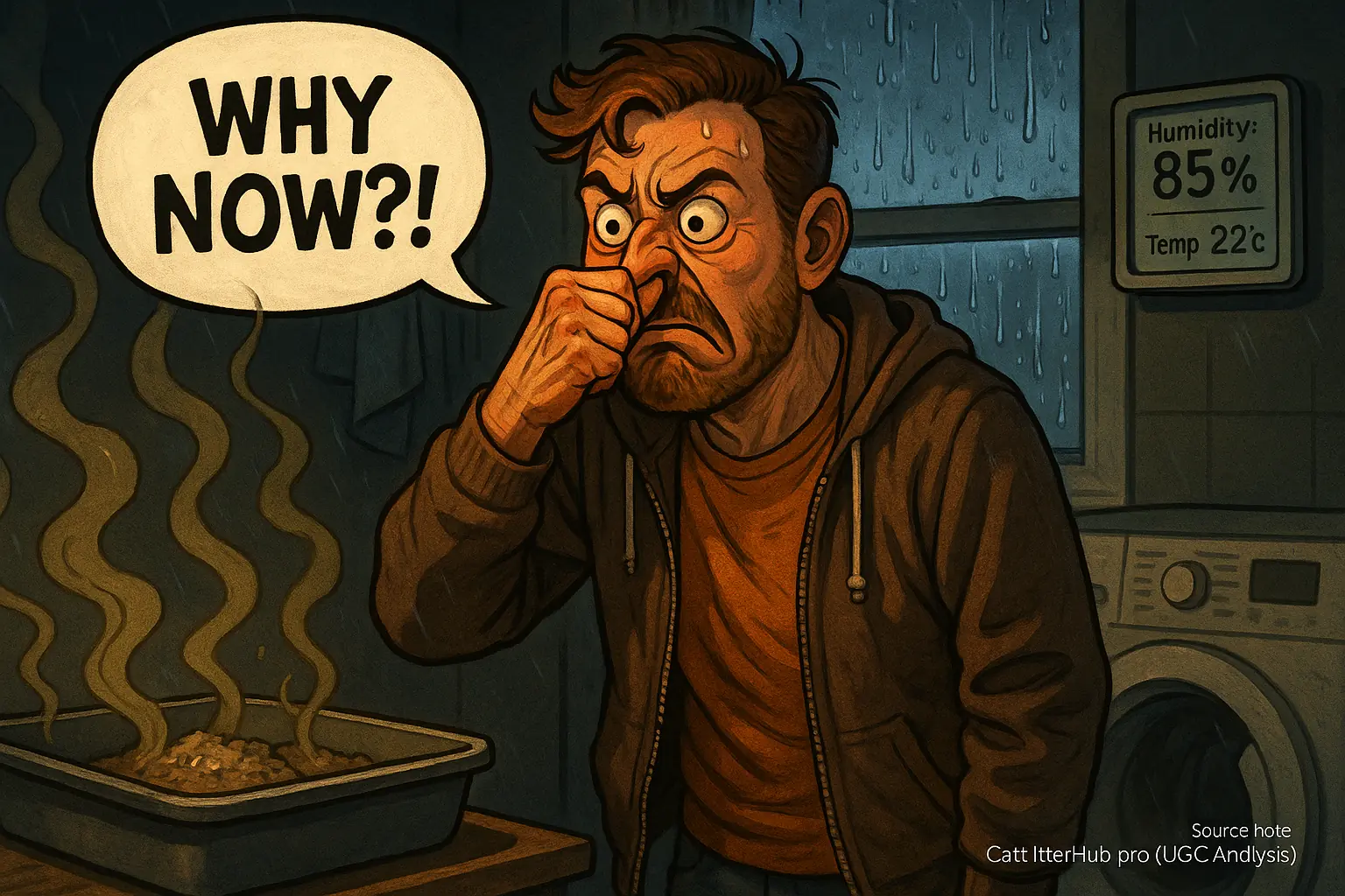 Frustrated cat owner pinches nose at litter box with stink lines as rain &amp; humidity worsen odor; text &#x27;Why NOW?!&#x27;.