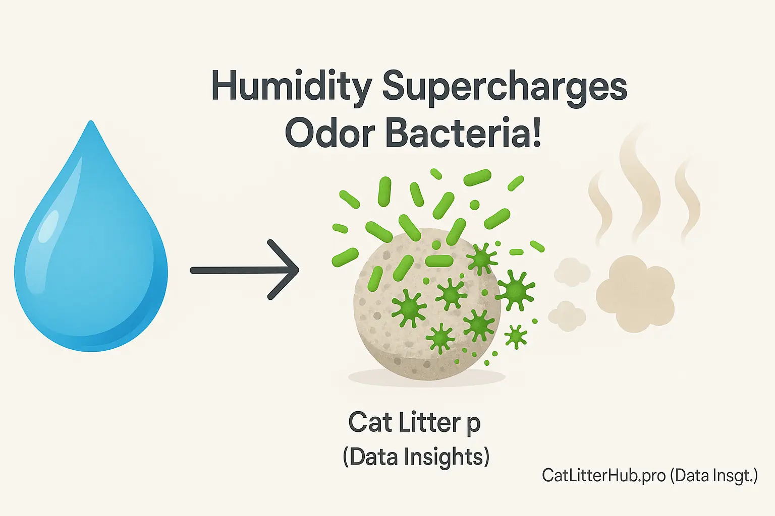 Infographic: Water droplet on litter particle; bacteria multiply &amp; release smelly gas, showing humidity supercharges odor