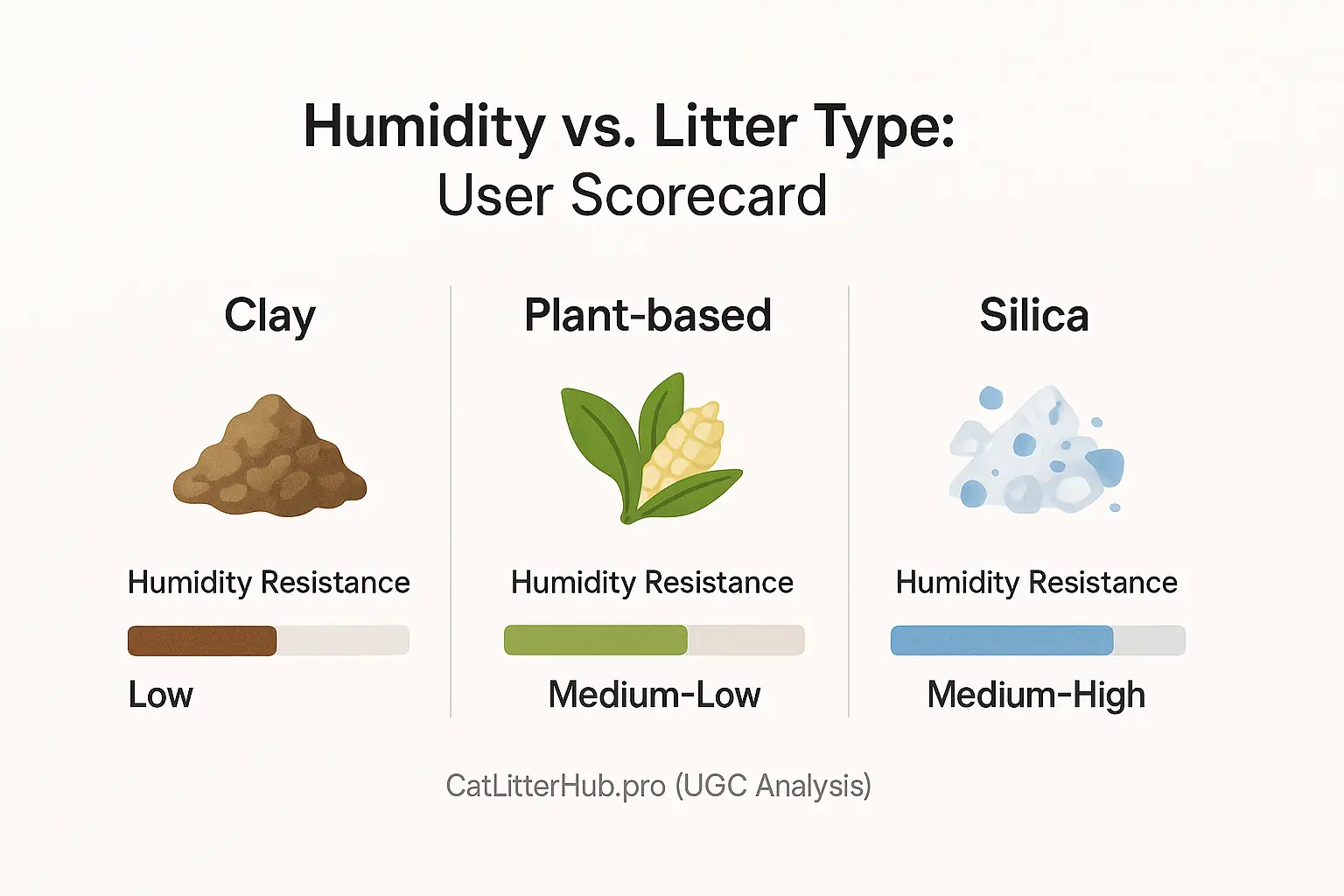 User scorecard comparing litter humidity resistance: Silica highest, plant-based mid-low, clay lowest.