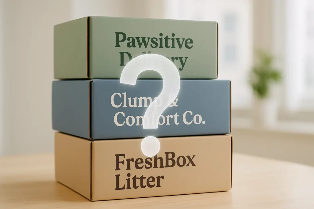Stack of branded cat litter subscription boxes with a question mark, symbolizing their convenience versus value dilemma.
