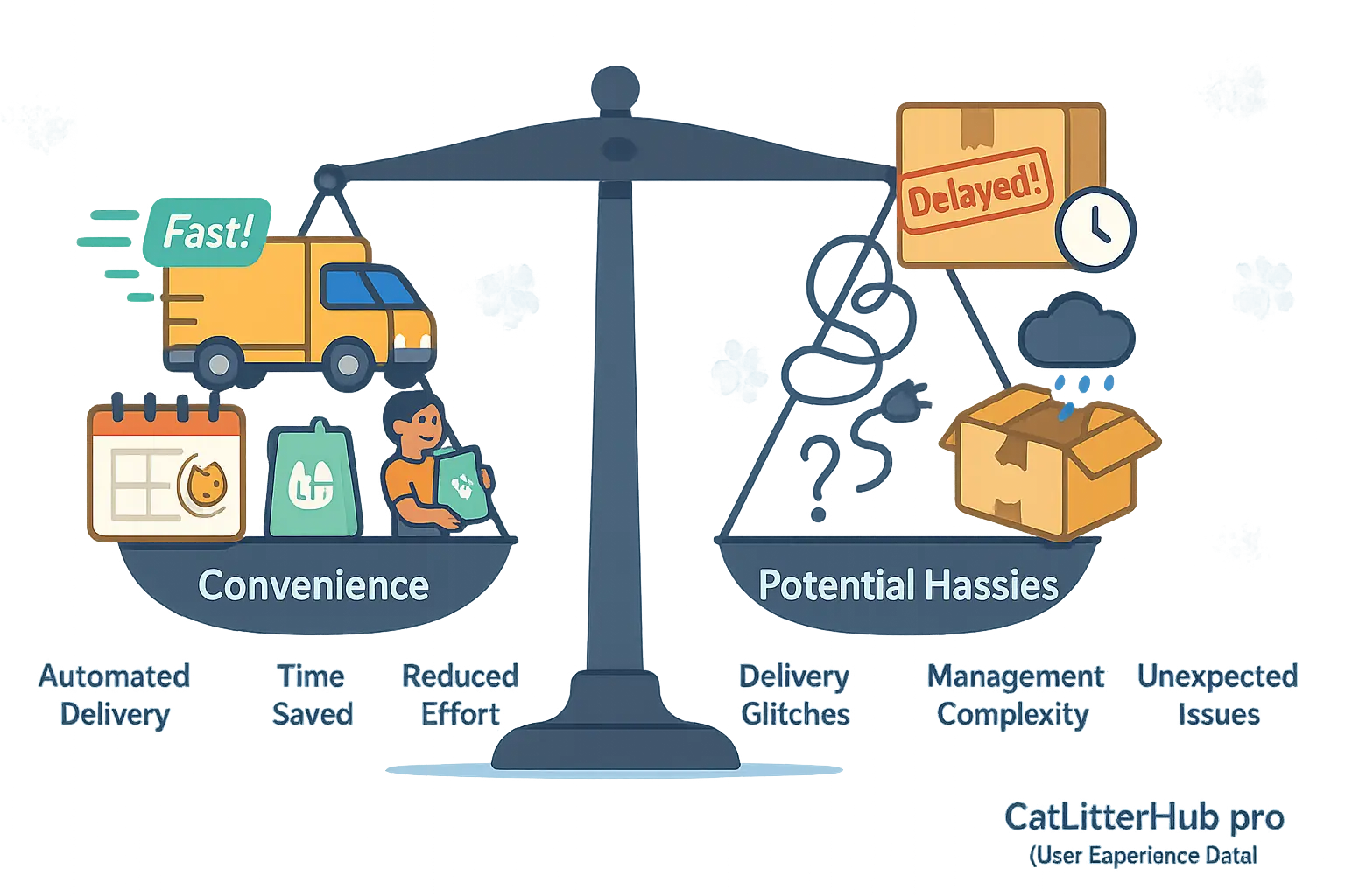 Balance scale weighing 'Convenience' (delivery, calendar icons) against 'Potential Hassles' (late package, website icons)