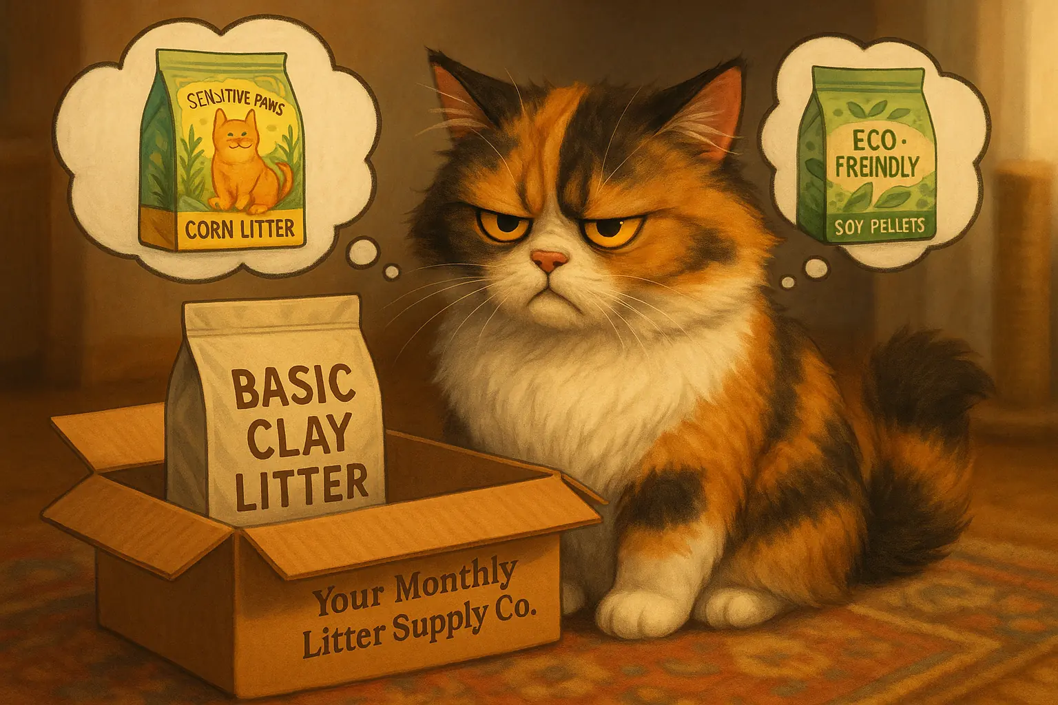 Illustrated cat frustrated by a box's single litter choice, thought bubbles show preferred litters, highlighting limited