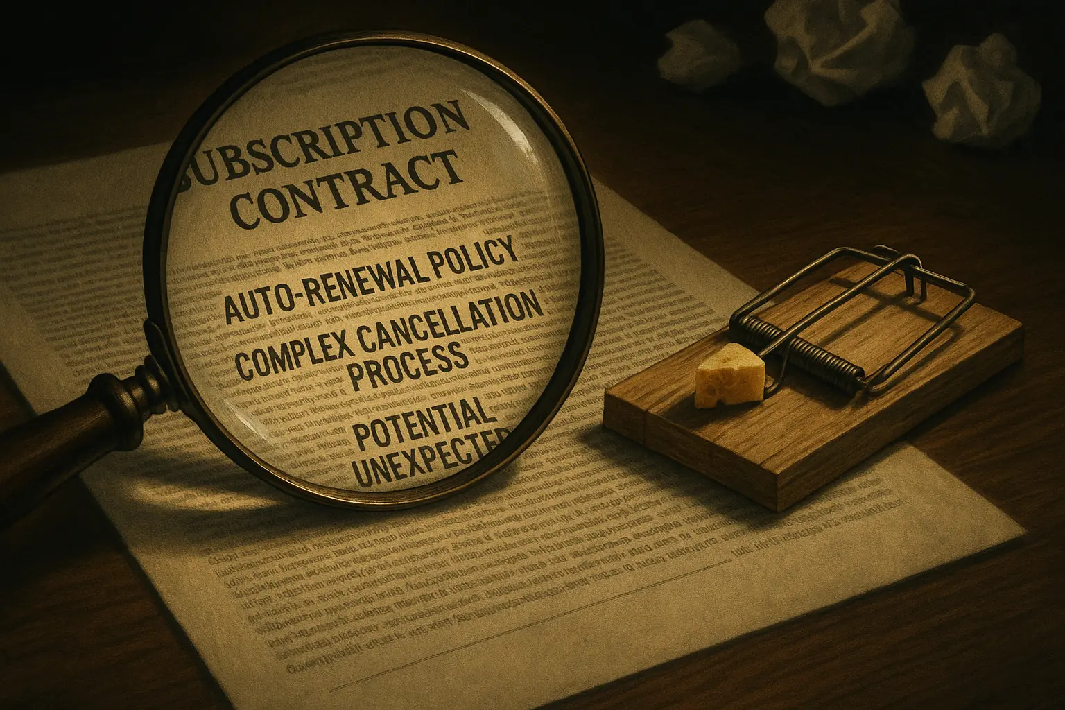 Magnifying glass on contract fine print; a mouse trap icon warns of hidden cancellation pitfalls.